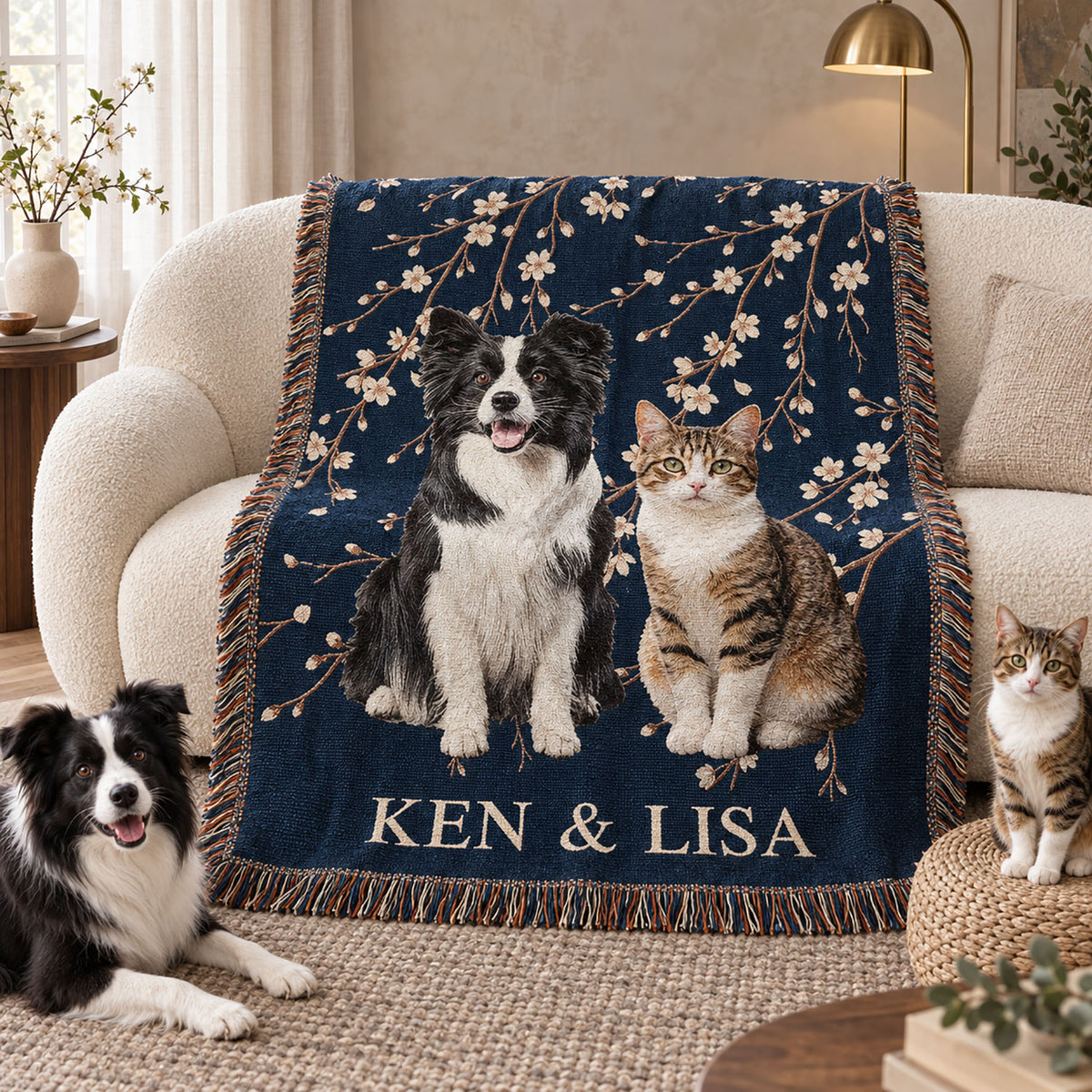 Navy blossom-pattern blanket featuring personalized border collie and tabby cat portraits with Ken and Lisa text