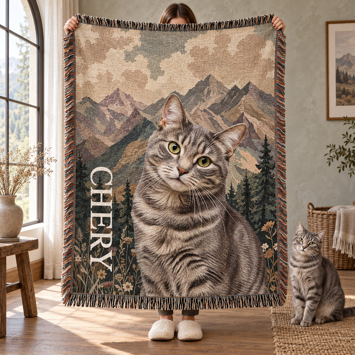Mountain scene blanket featuring a personalized gray tabby cat portrait and vertical name text