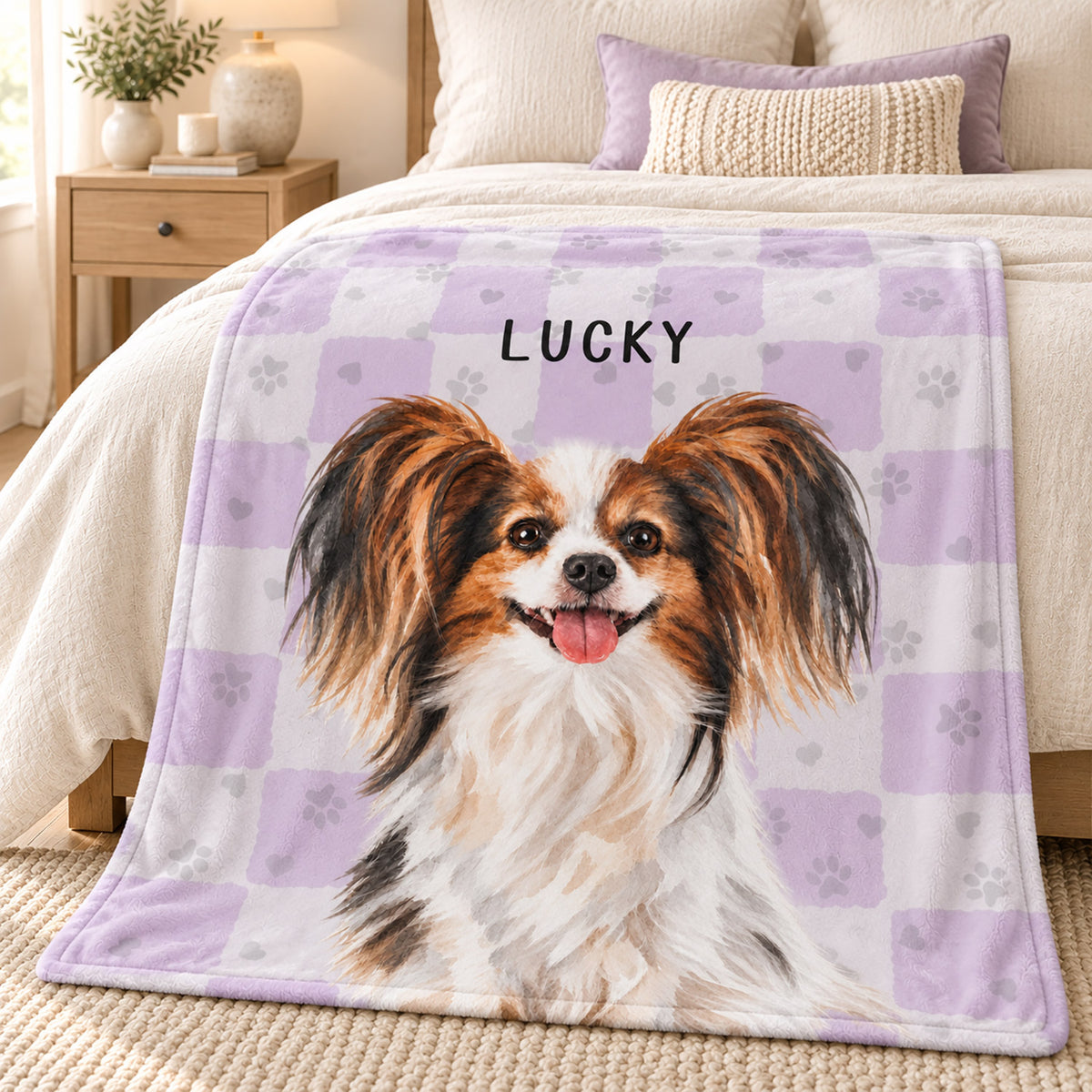 Personalized lavender pet blanket with a long-haired small dog portrait named Lucky