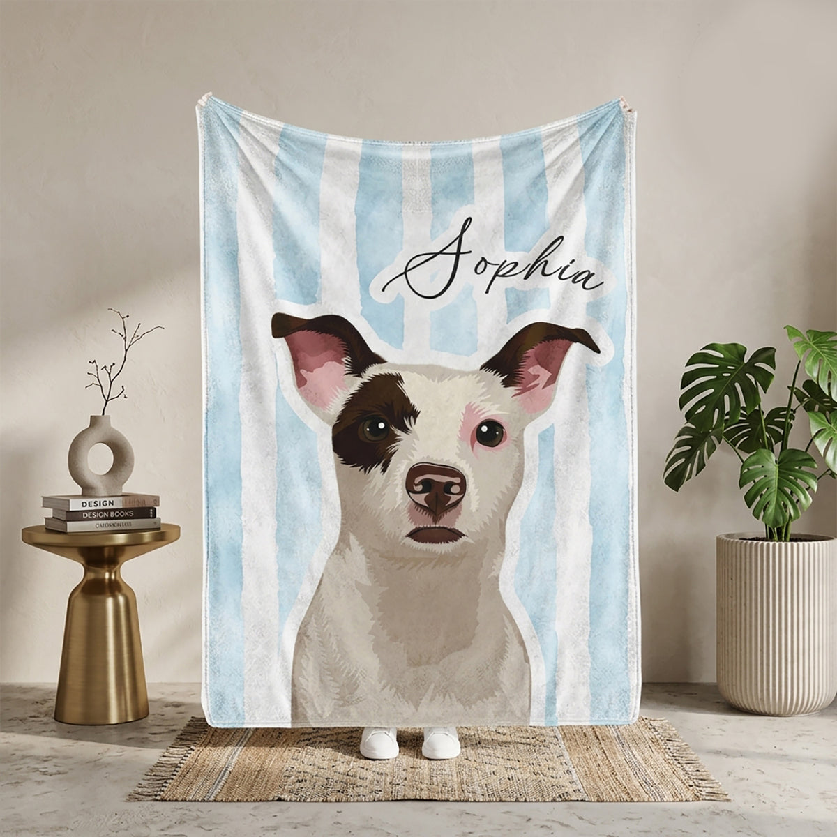 Custom pet blanket displayed upright with a watercolor-style dog portrait and the name Sophia