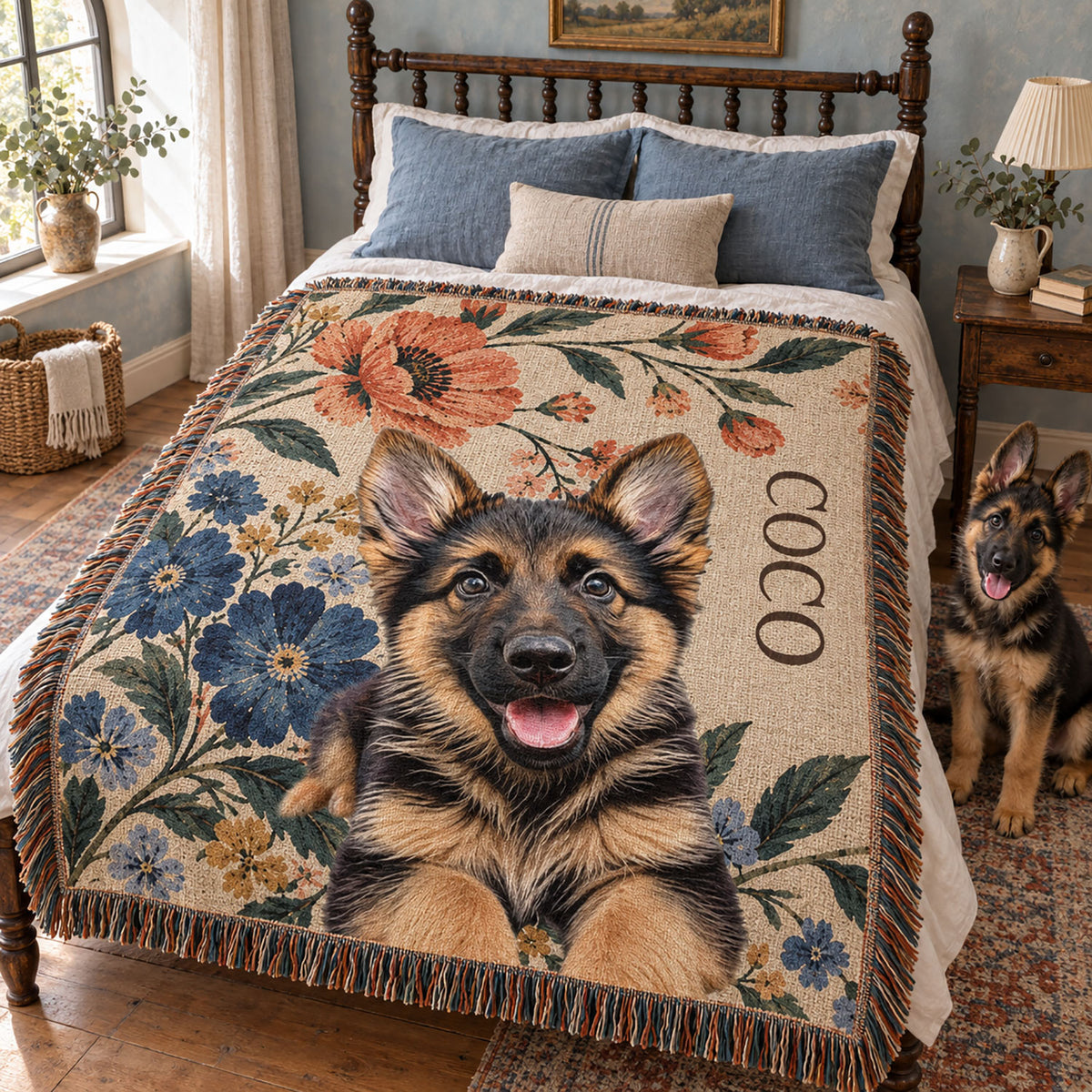Personalized blanket on a bed featuring a German Shepherd portrait, floral background, and vertical name text