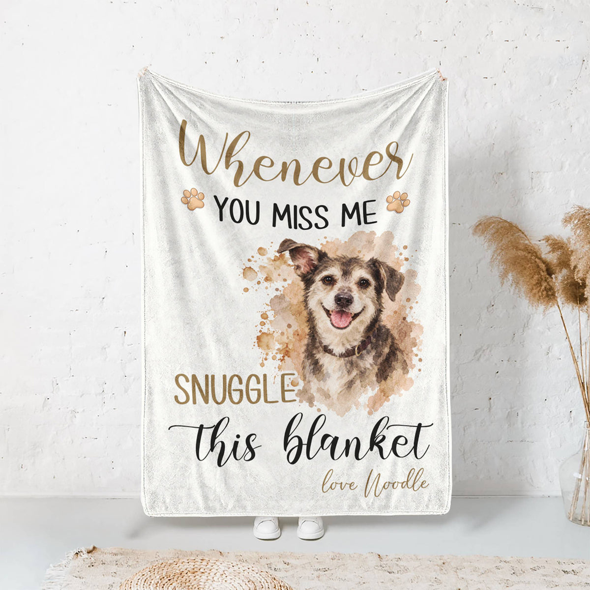 White personalized pet blanket featuring a watercolor dog portrait, paw prints, and custom name