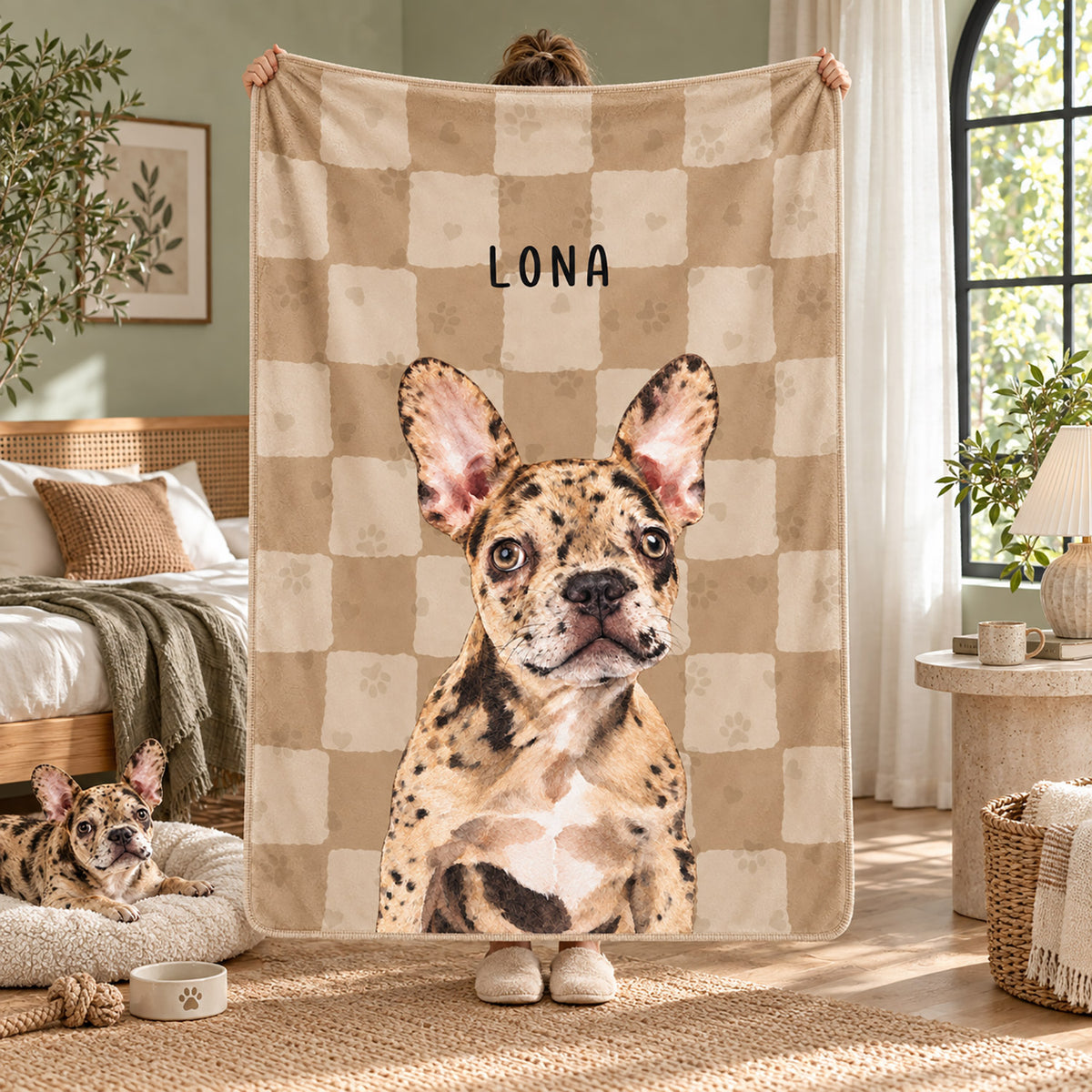 Personalized beige pet blanket with a spotted French bulldog portrait named Lona, shown with a matching dog nearby