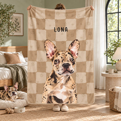 Personalized beige pet blanket with a spotted French bulldog portrait named Lona, shown with a matching dog nearby