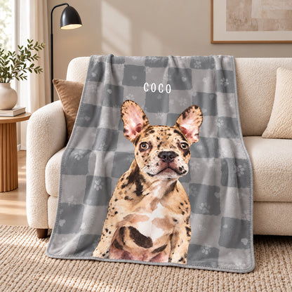 Personalized gray pet blanket with a spotted French bulldog portrait named Coco