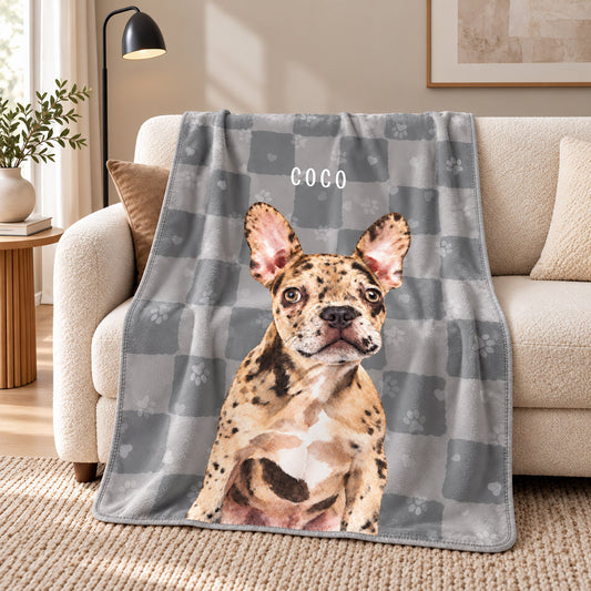Personalized gray pet blanket with a spotted French bulldog portrait named Coco
