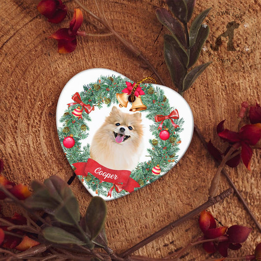 Star-shaped personalized pet ornament featuring a fluffy dog named Cooper in a festive wreath