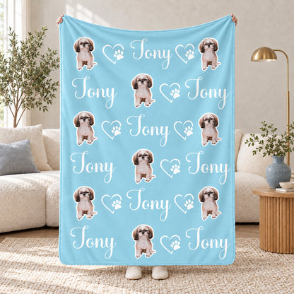 Sky blue personalized blanket with repeated Shih Tzu artwork, the name Tony, and heart paw designs