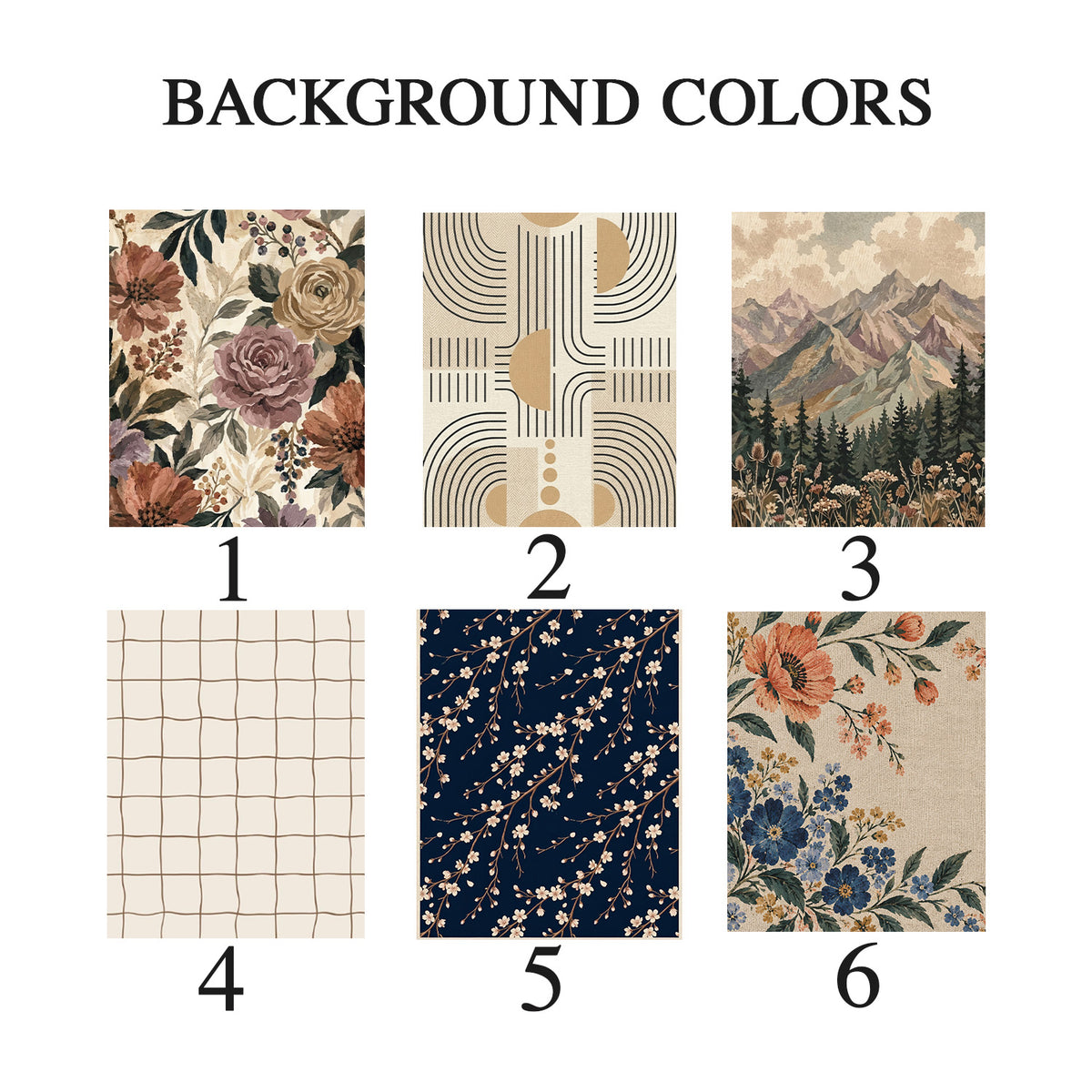 Background color chart showing six floral, geometric, grid, blossom, and mountain blanket designs