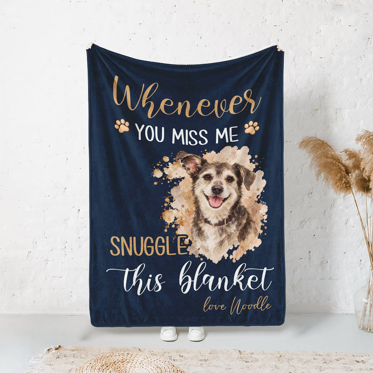 Navy custom pet blanket displayed with a watercolor dog portrait and Snuggle This Blanket text