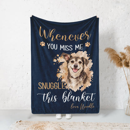 Navy custom pet blanket displayed with a watercolor dog portrait and Snuggle This Blanket text