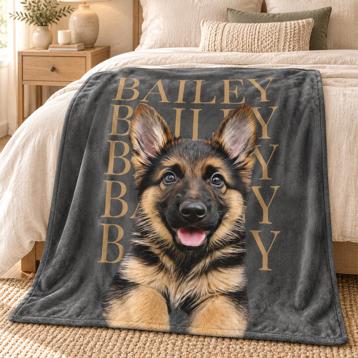 Personalized charcoal pet blanket featuring a German Shepherd portrait and the repeated name Bailey