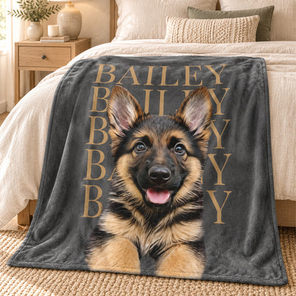Personalized charcoal pet blanket featuring a German Shepherd portrait and the repeated name Bailey