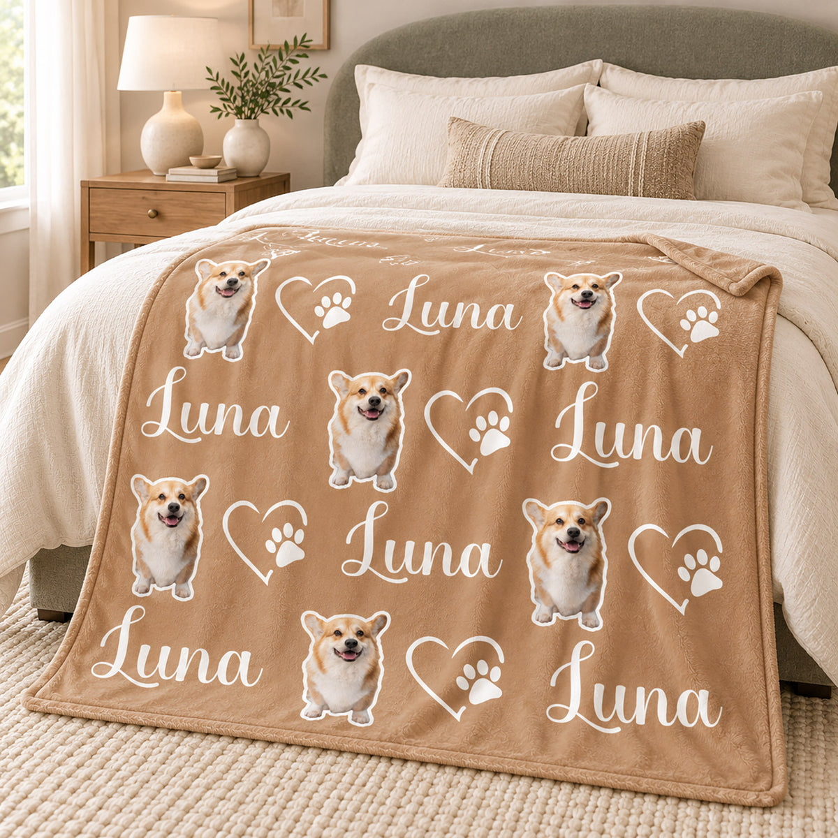 Tan personalized blanket with repeated corgi artwork, the name Luna, and heart paw designs