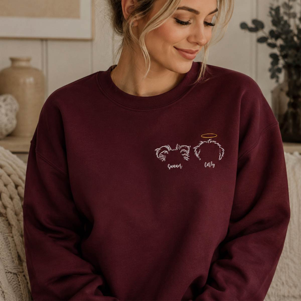 Custom Two Pet Embroidered Sweatshirt – Personalized Dog Portrait with Memorial Halo